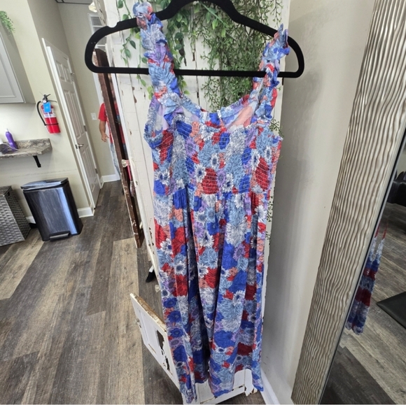 Japna Small Blue Red Floral Dress W Slit Bold Patriotic Y2k Flowy Ruffle Midi - Picture 3 of 4